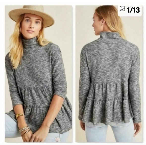 Anthropologie  Grey Long Sleeve Tiered Cowl Neck Sweater Large - Picture 1 of 8